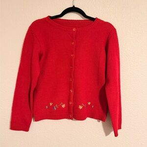 Red Cardigan with Floral Embroidery Librarian Teacher clean girl Aesthetic